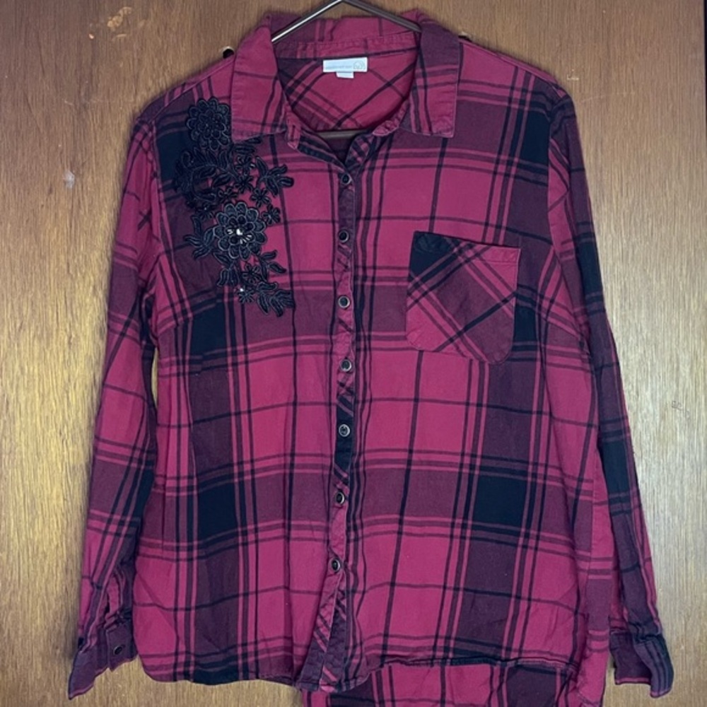 Westport 1962 Red Black Plaid Flannel Shirt Lace Floral Applique Sequins XL